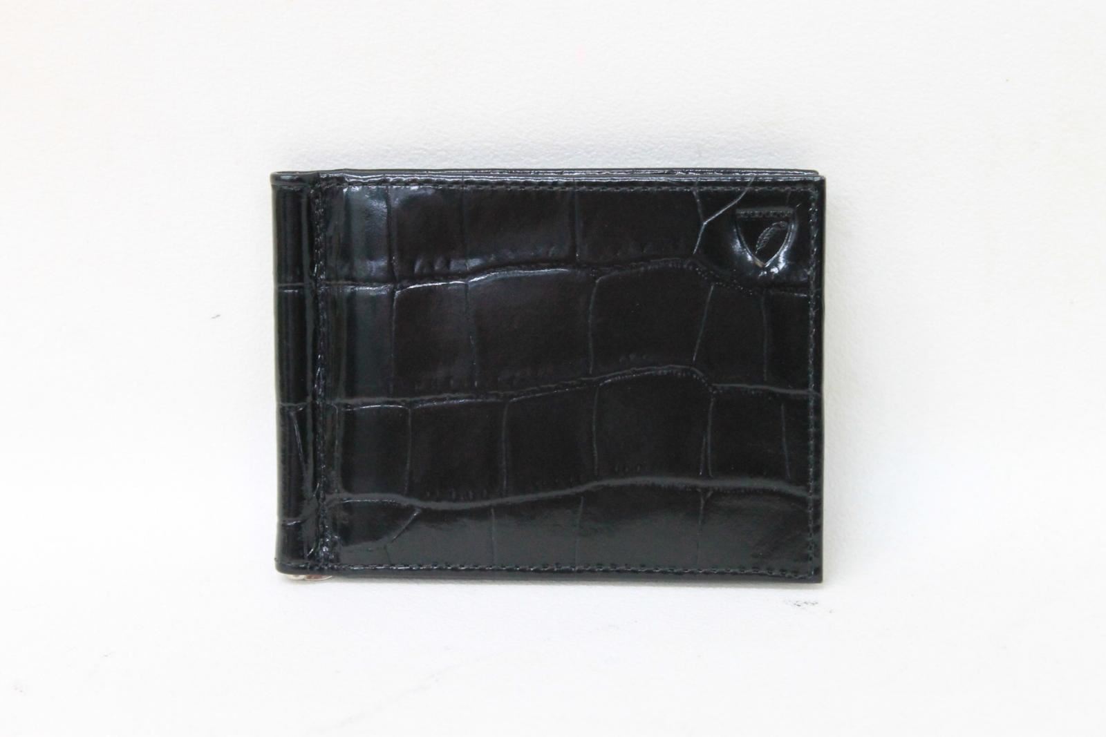 NWOT ASPINAL OF LONDON Men/'s Money Clip Croc Black Bifold Card Holder Wallet