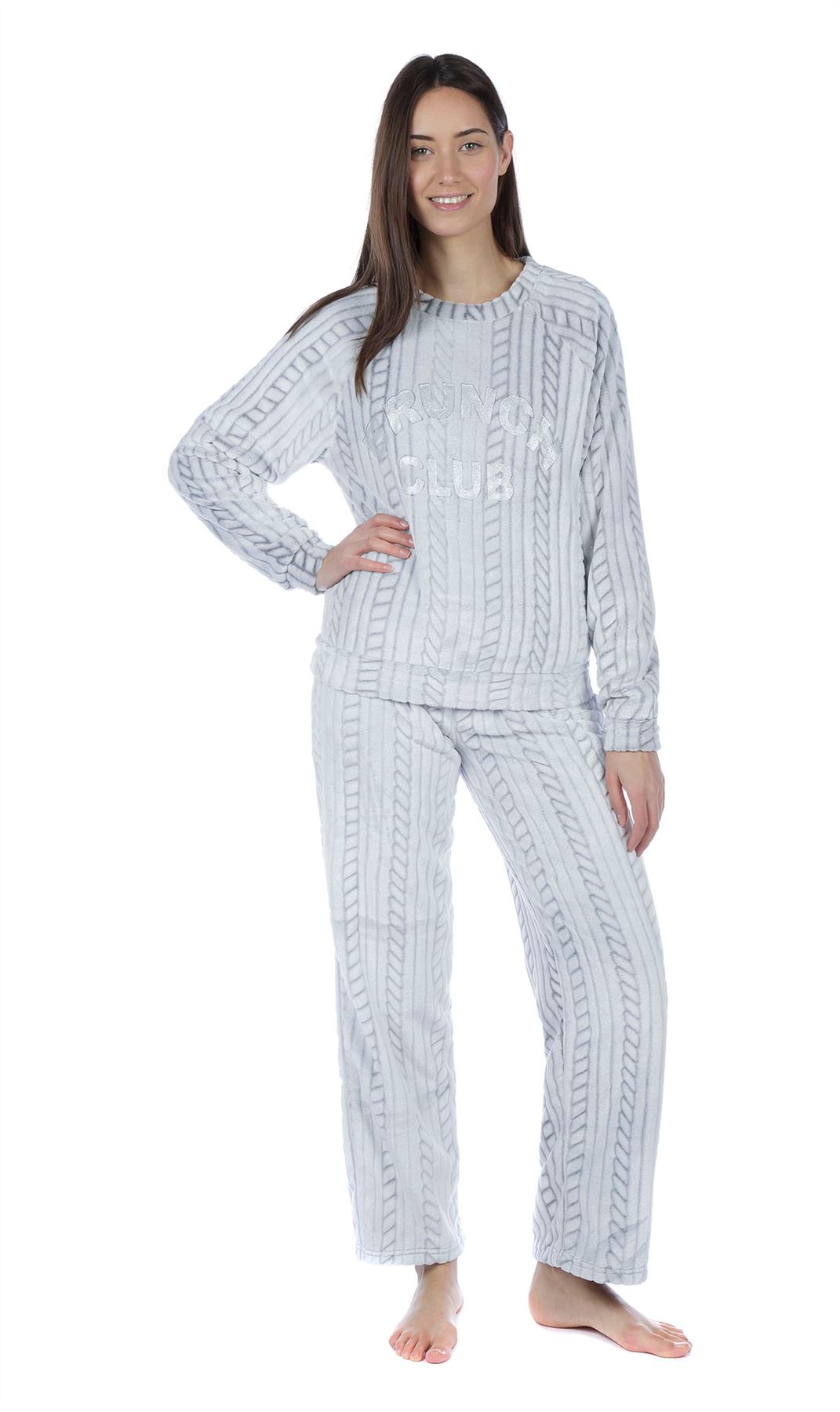 Ladies Cable Design Flannel Fleece Pyjama Set Long Sleeve Winter Loungewear 8-18