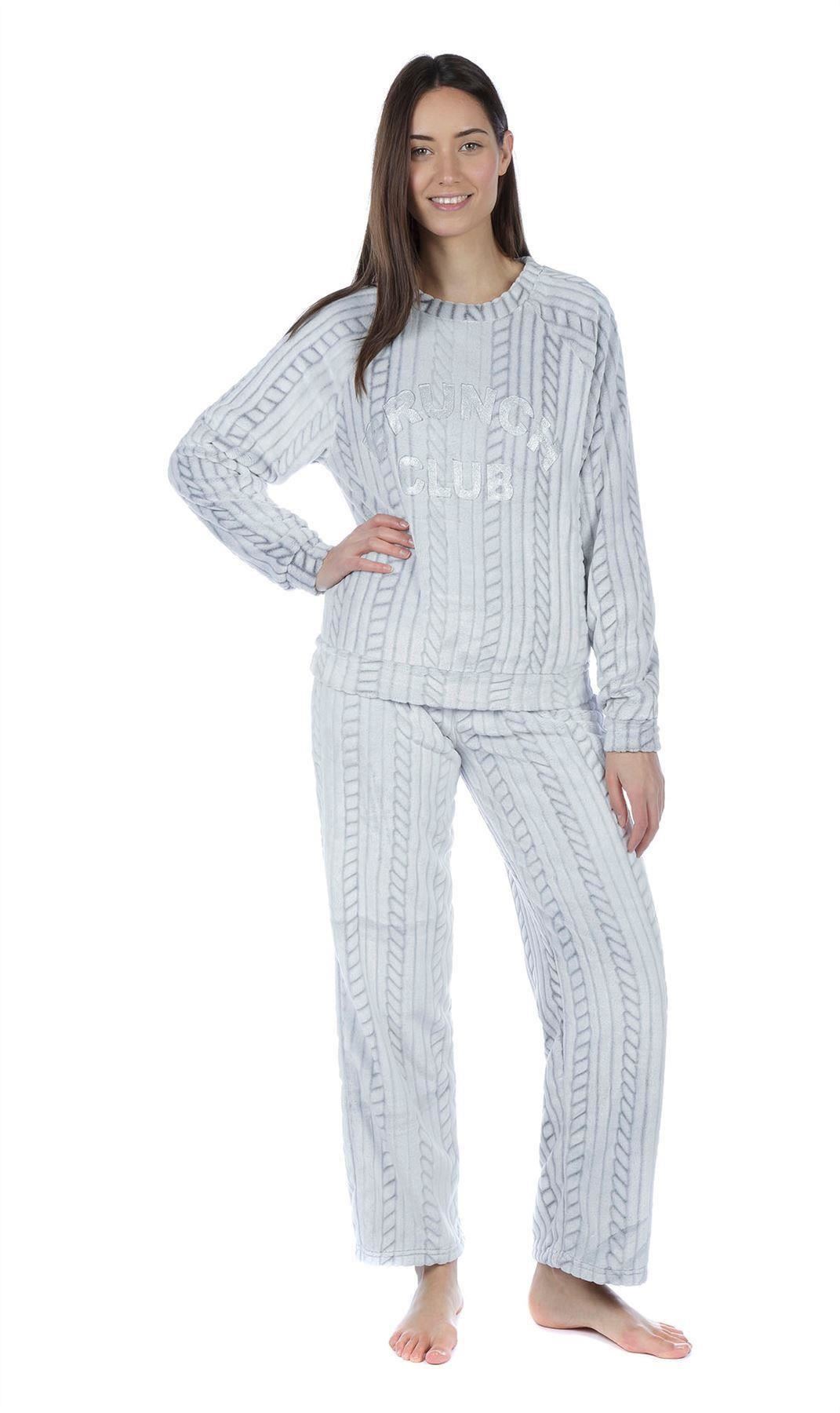Ladies Cable Design Flannel Fleece Pyjama Set Long Sleeve Winter Loungewear 8-18