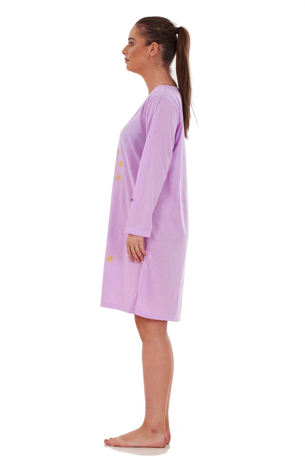 Ladies Nightwear Crew Neck Star Moon Cat Printed Long Sleeve Green Nightshirt