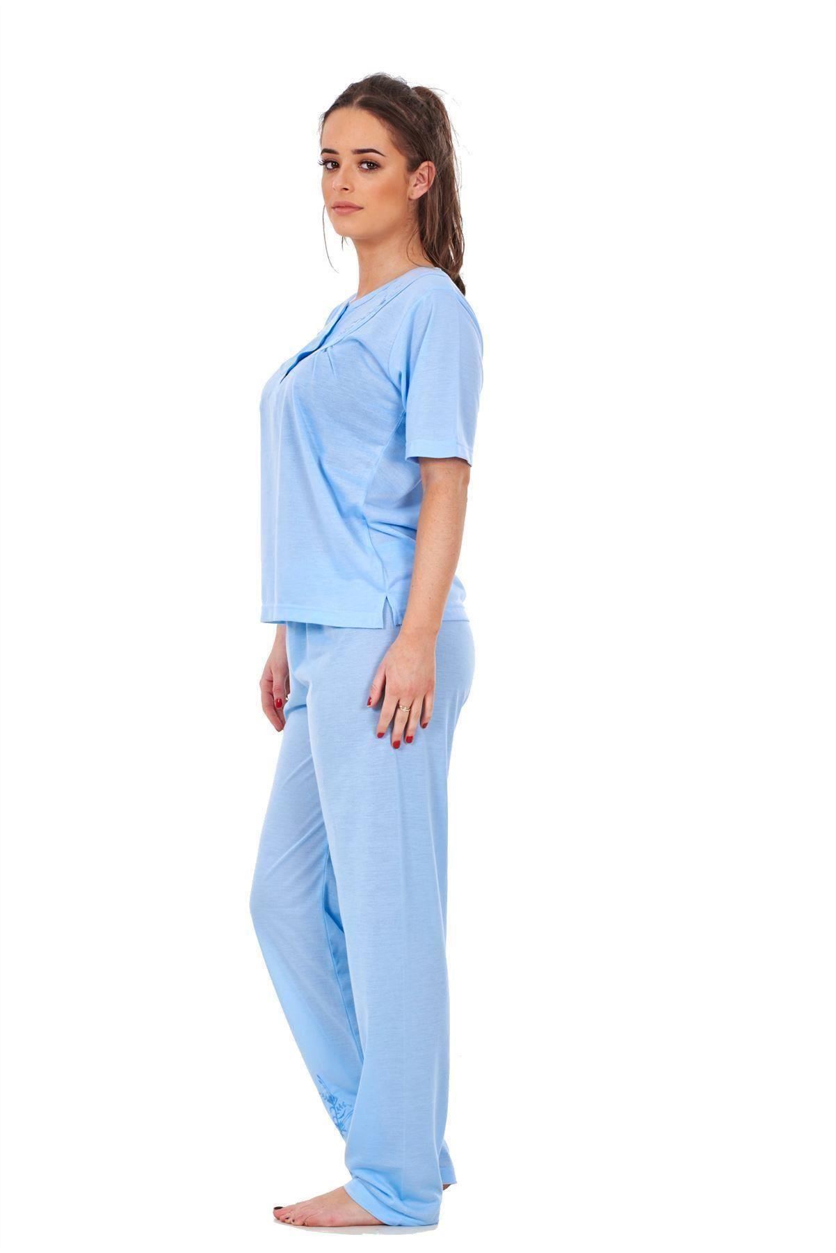 Ladies Pyjama Sets Embroidered Short Sleeve Crew Neck Plain Button Nightwear PJs