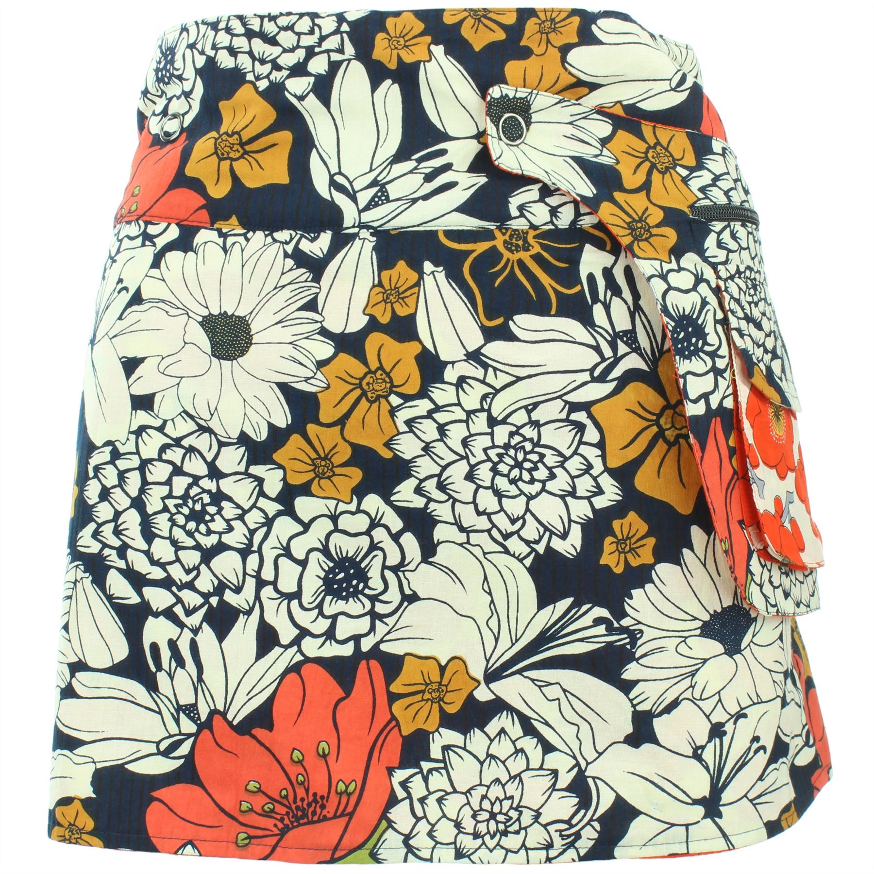 Hippie Bohemio Mini Falda Corta Popper Boho Envoltura De Bolsillo Algodón Reversible Stud