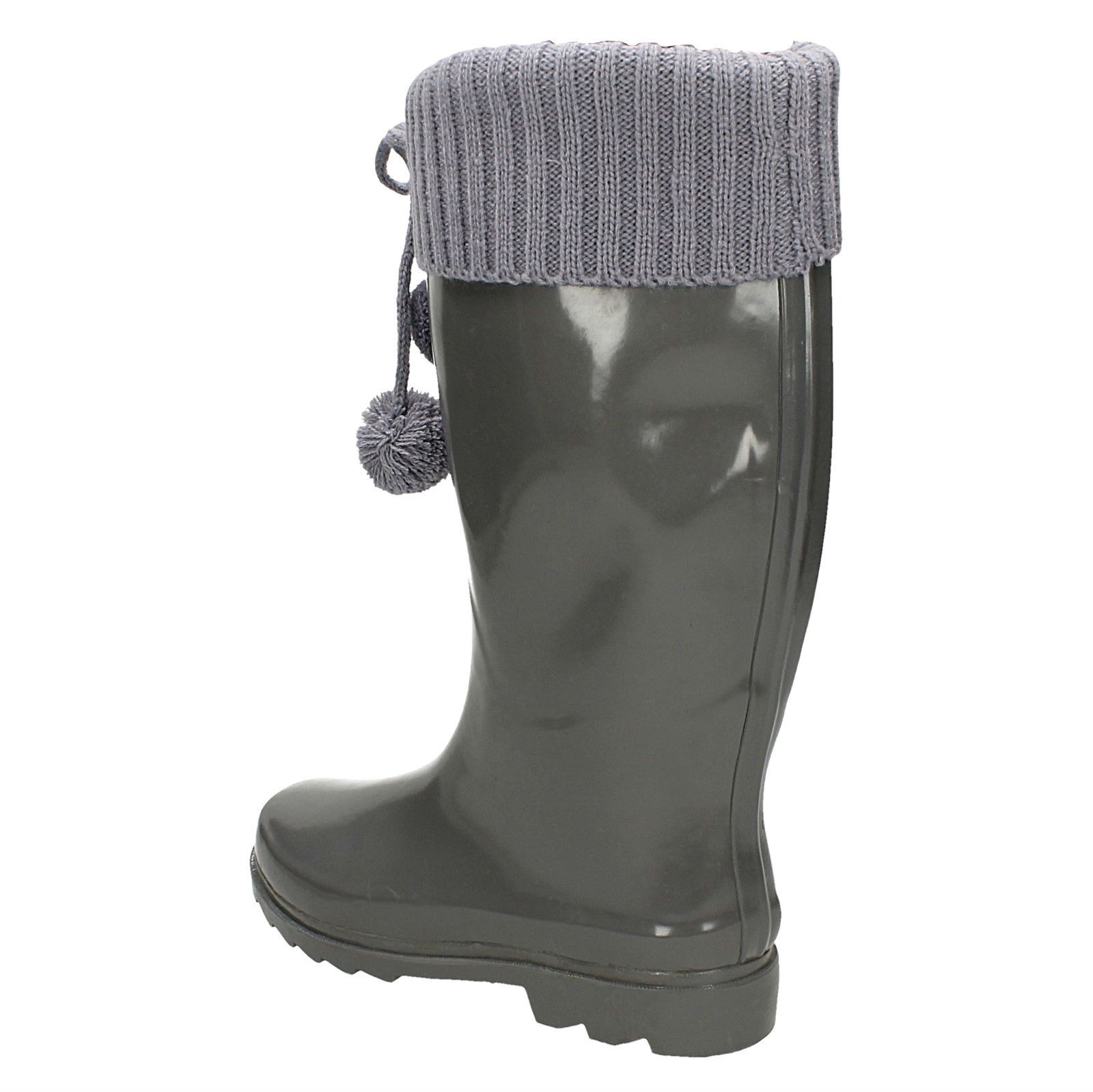 Ladies Spot On Knitted Cuff Wellingtons With Pom Pom Detail