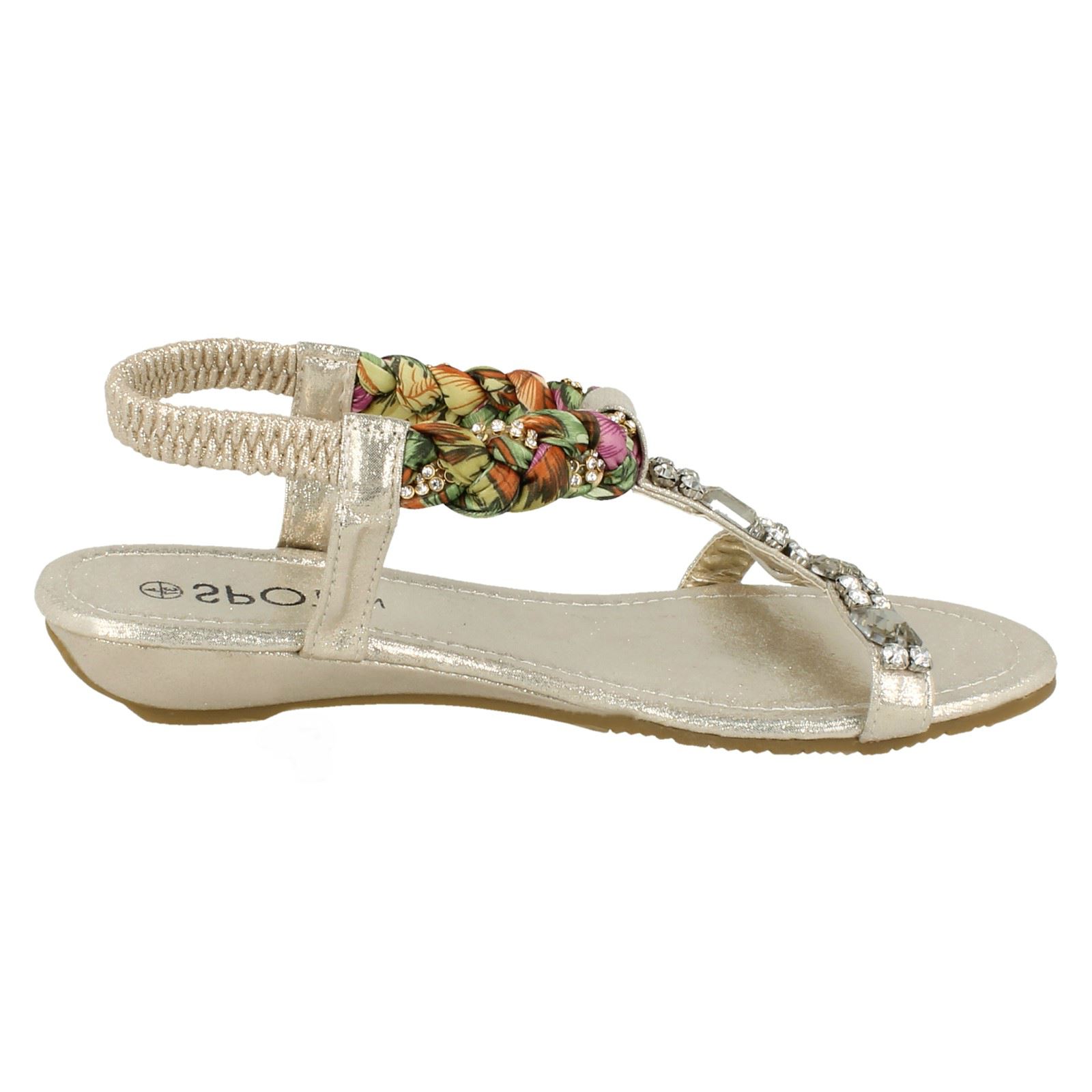 Ladies Spot On Open Toe Low Wedge Slip On Textile Jewelled Sandals F1R0746