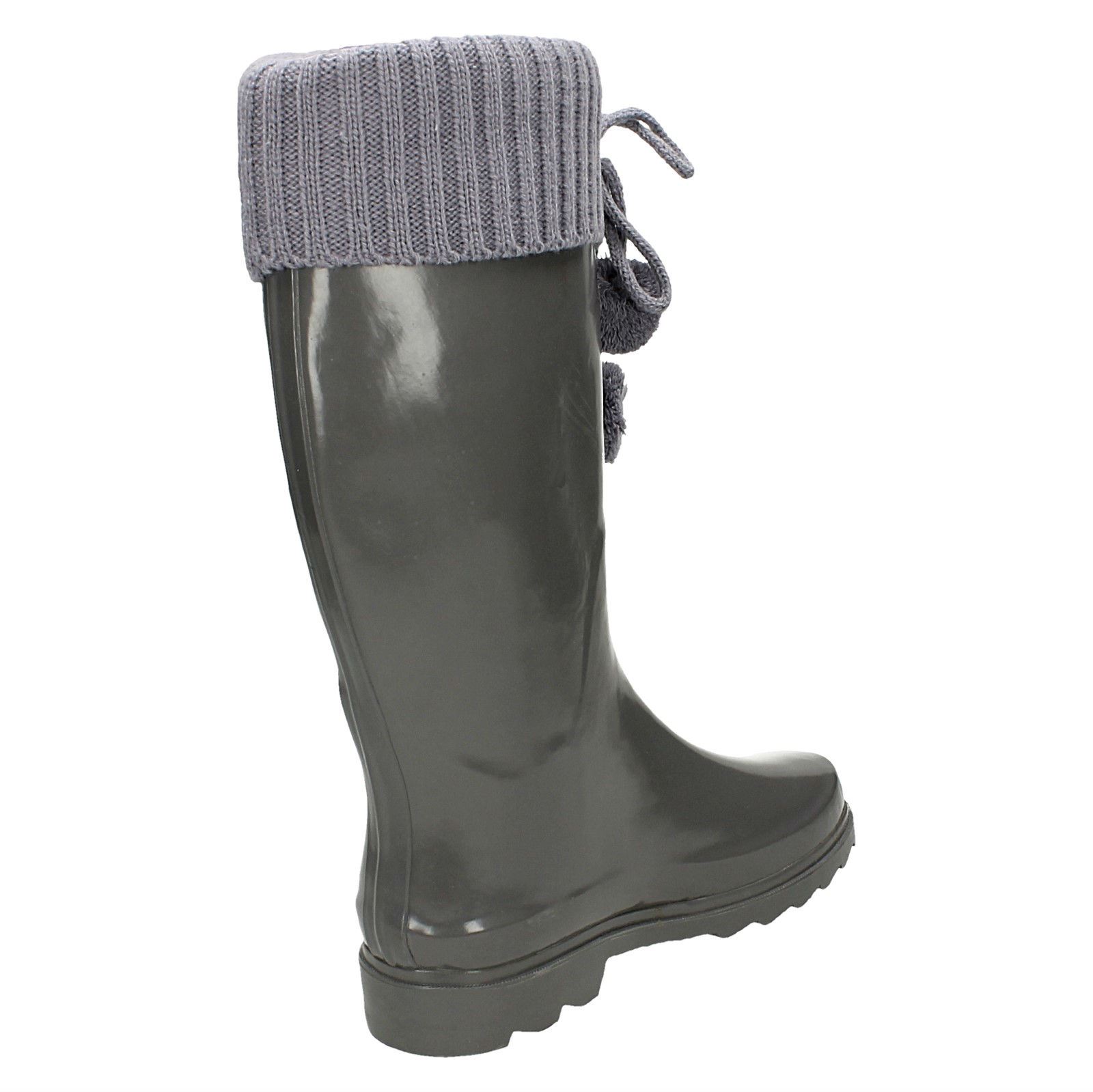 Ladies Spot On Knitted Cuff Wellingtons With Pom Pom Detail