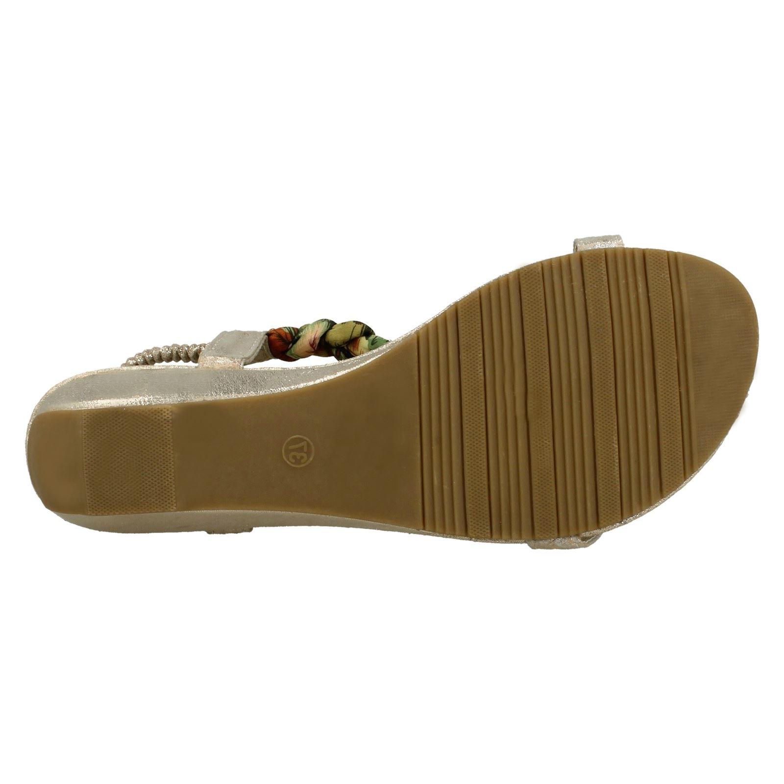 Ladies Spot On Open Toe Low Wedge Slip On Textile Jewelled Sandals F1R0746