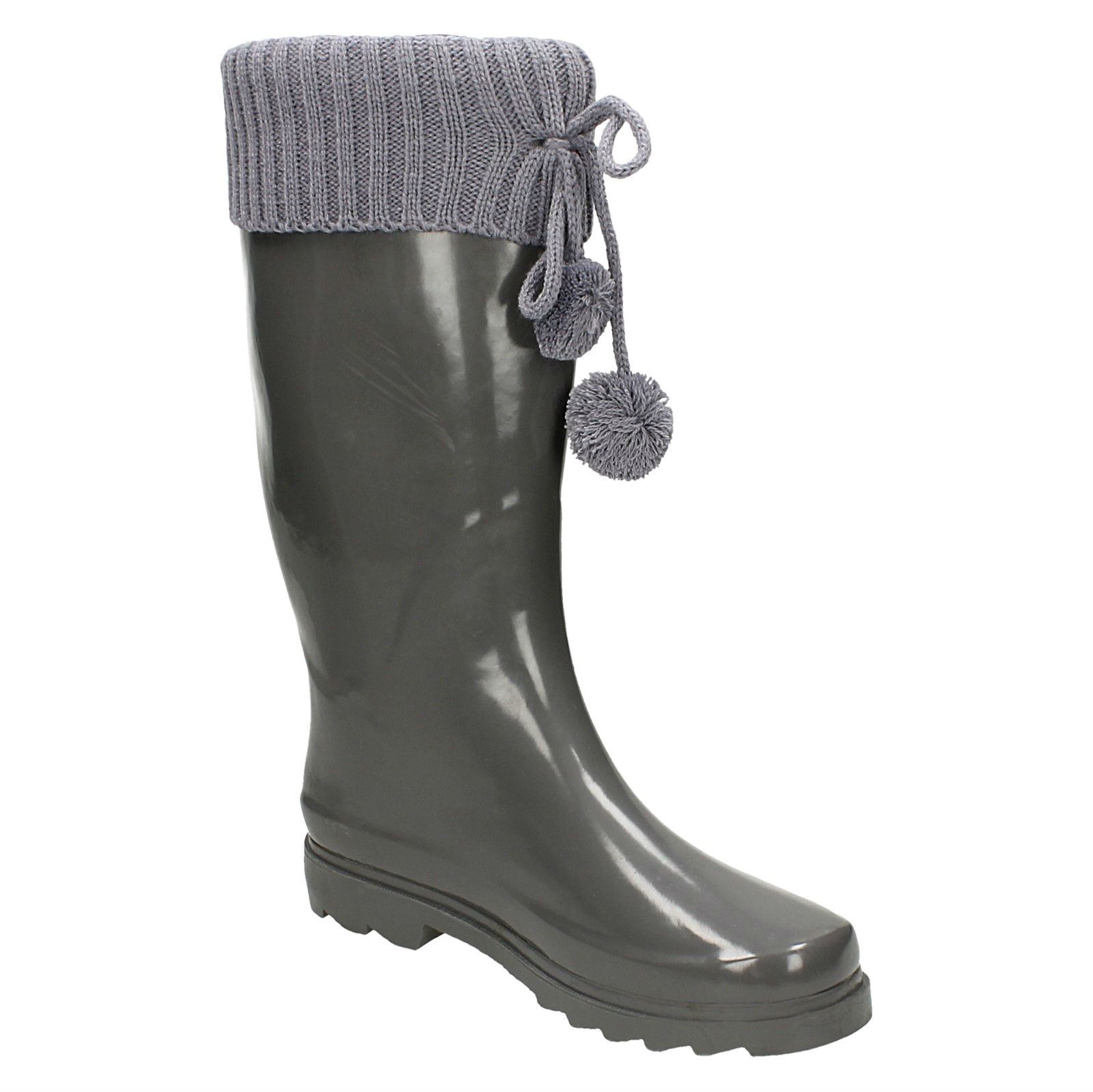 Ladies Spot On Knitted Cuff Wellingtons With Pom Pom Detail