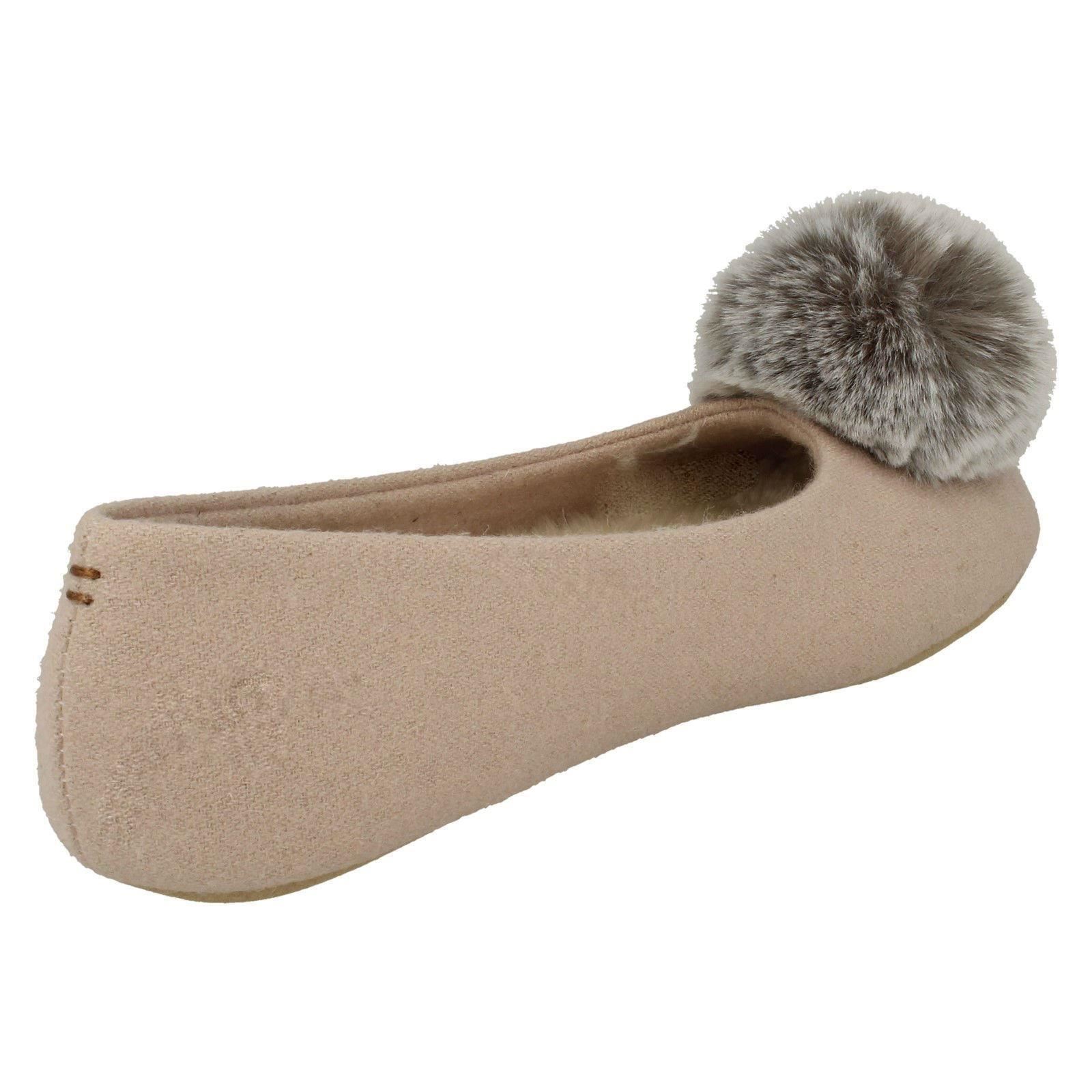 Ladies Clarks Rounded Toe Slip On Textile Pom Pom Slippers Cozily Warm