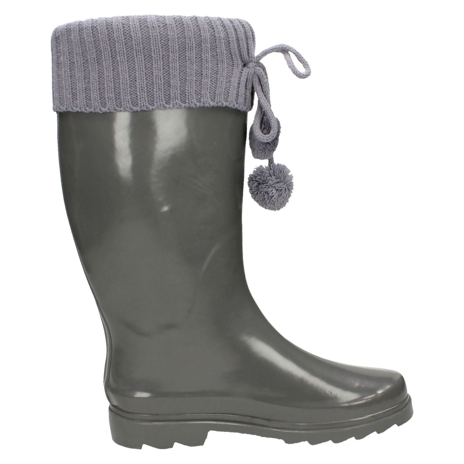 Ladies Spot On Knitted Cuff Wellingtons With Pom Pom Detail