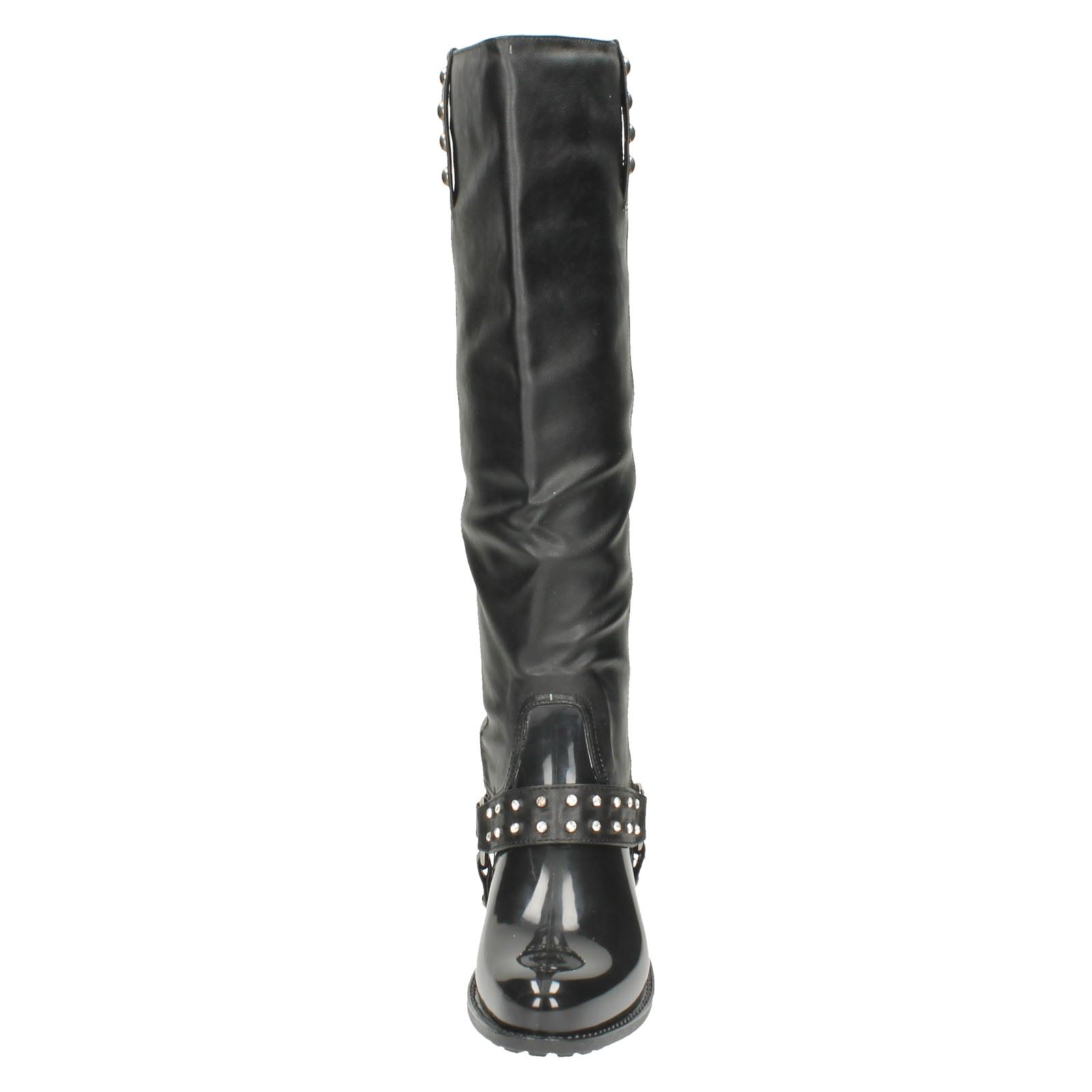 Ladies Spot On Chunky Heel Diamante Trim Strap Studded Boot X1137