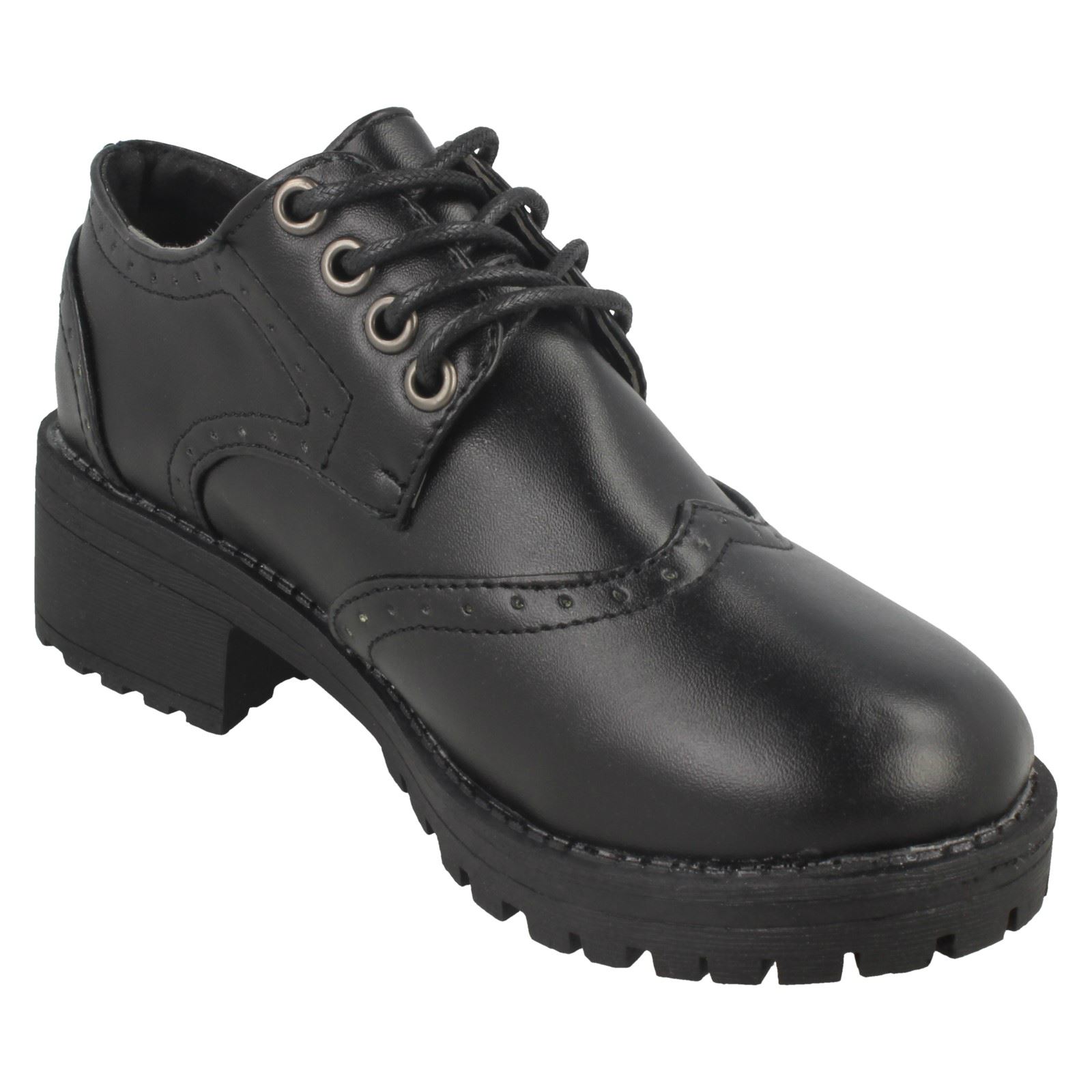 Girls Spot On Mid Chunky Heel Brogue School Shoes *H3071*