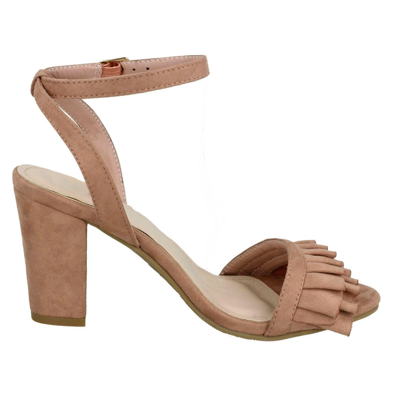 Ladies Spot On Mid Chunky Heel Sandals With Ruffle Trim