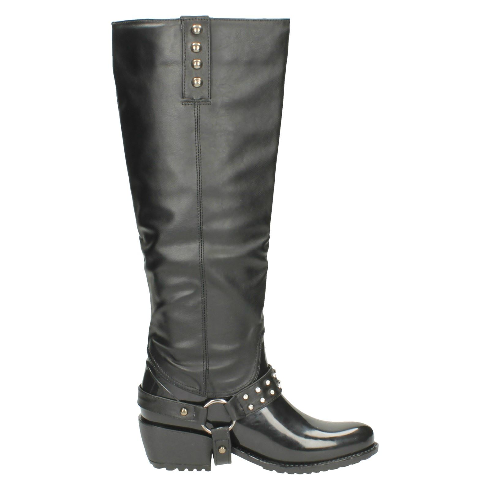 Ladies Spot On Chunky Heel Diamante Trim Strap Studded Boot X1137