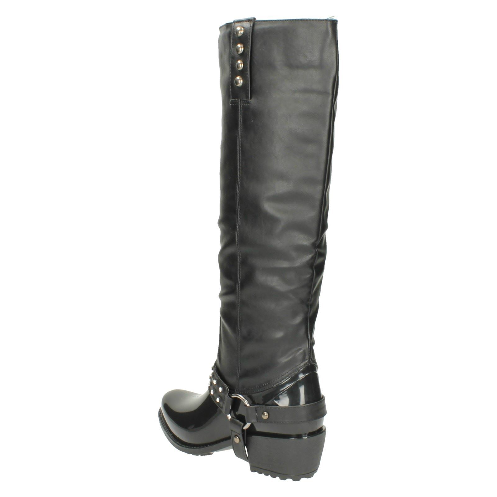 Ladies Spot On Chunky Heel Diamante Trim Strap Studded Boot X1137