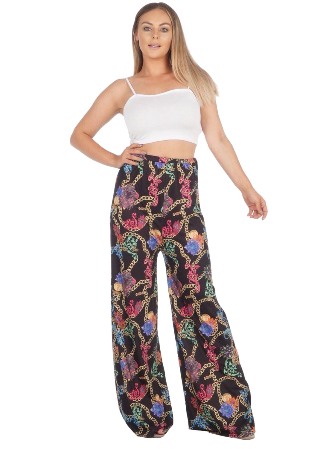 New Ladies Floral Printed Wide Leg Flared Parallel Baggy Trousers Pants Palazzo