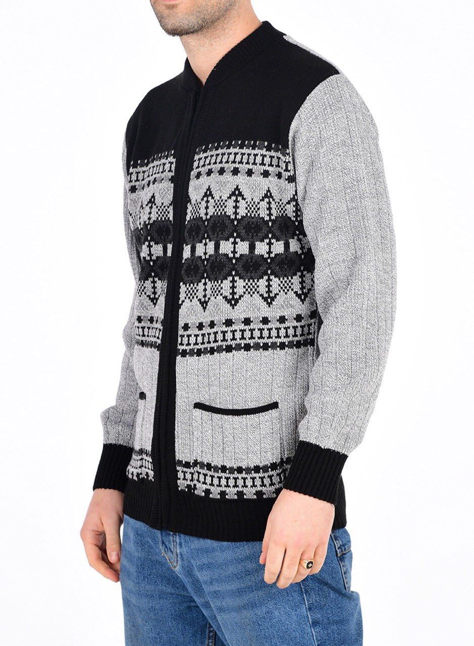 New Mens Argyle Diamond Print Gents Grandad Sweater Zipper Front Pocket Cardigan