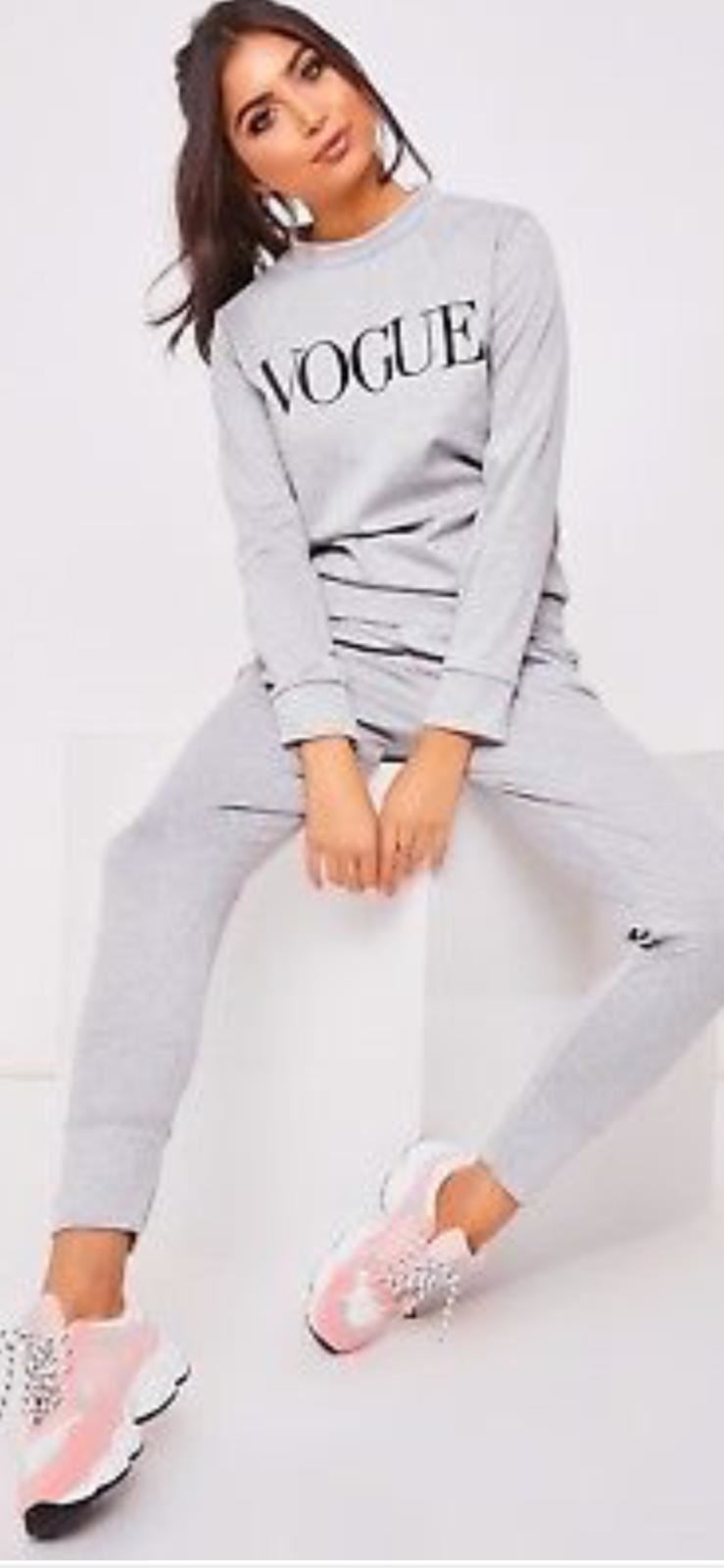 New Womens Vogue Print Top Bottoms Loungewear 2 Pcs Co-Ord Set Fleece Tracksuit