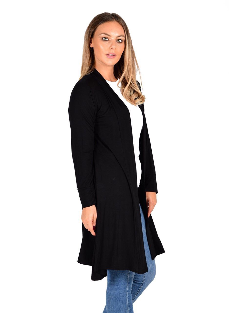 New Womens Open Front Knee Length Plain Cardigan Long Sleeve Party Casual Top