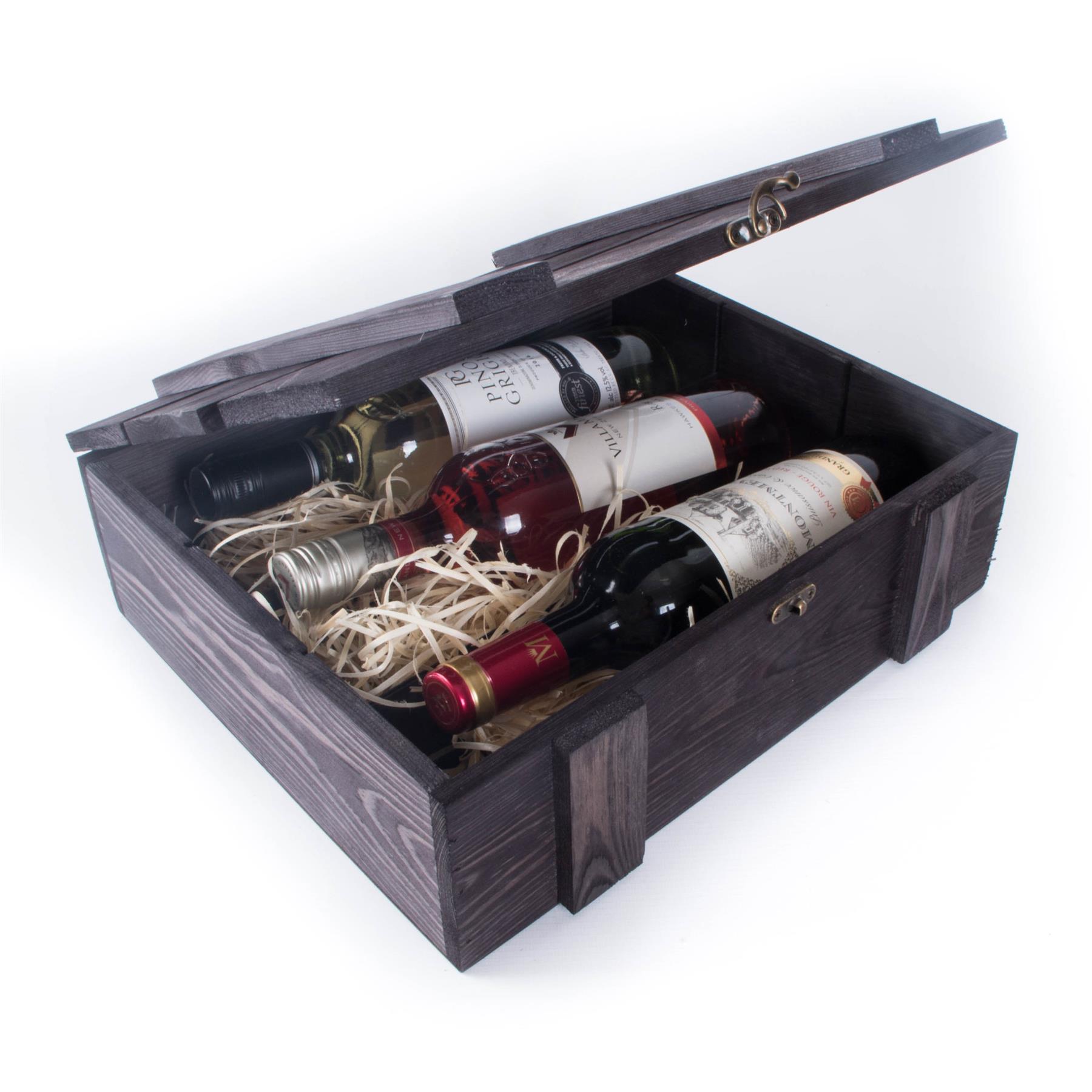 Wine Wooden Presentation Crates Gift Boxes with Hinged Lid /& Clasp BLACK