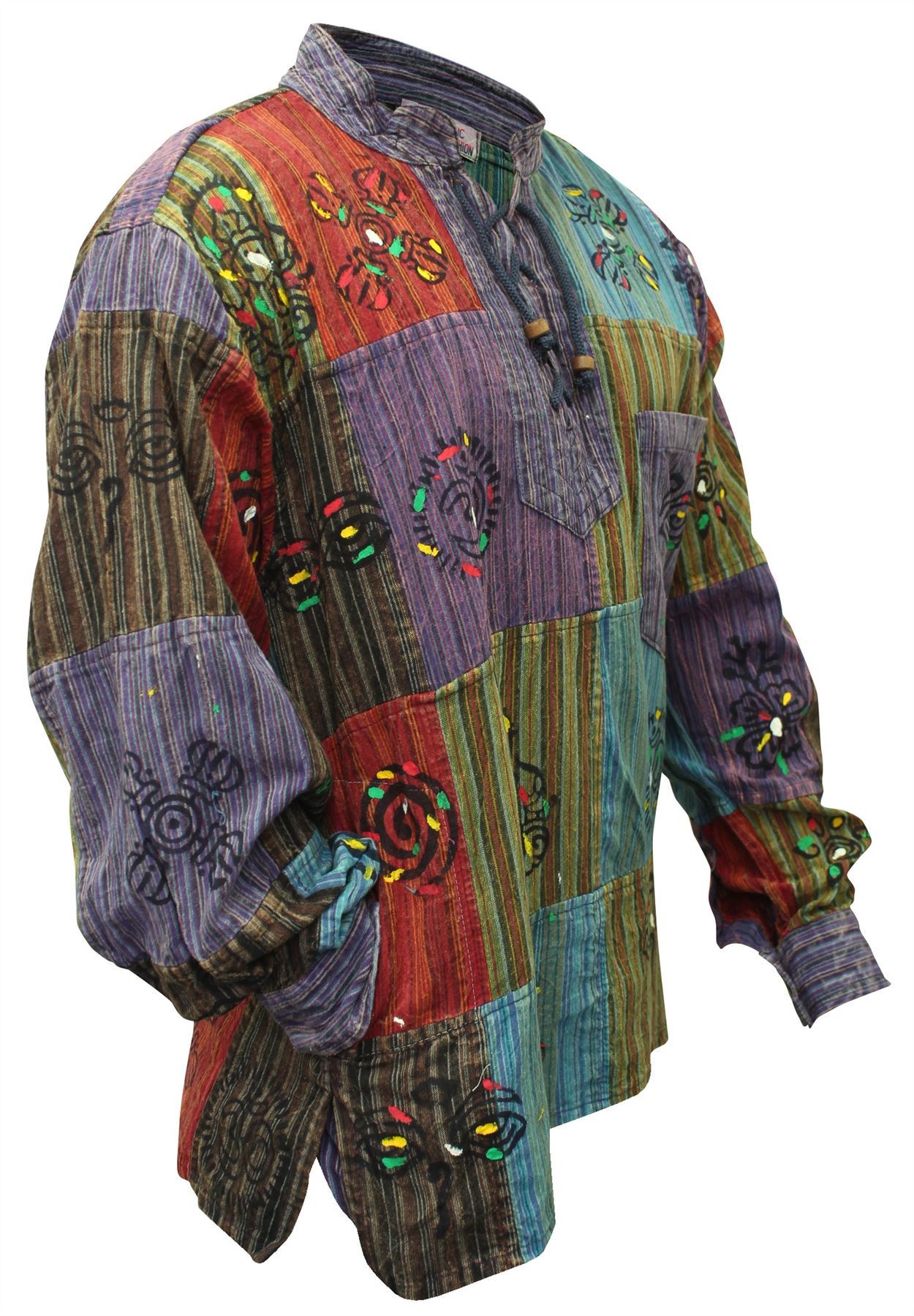 Mens Patchwork Stonewashed Hippie Collarless Grandad Shirt Summer Mens Hippy Top