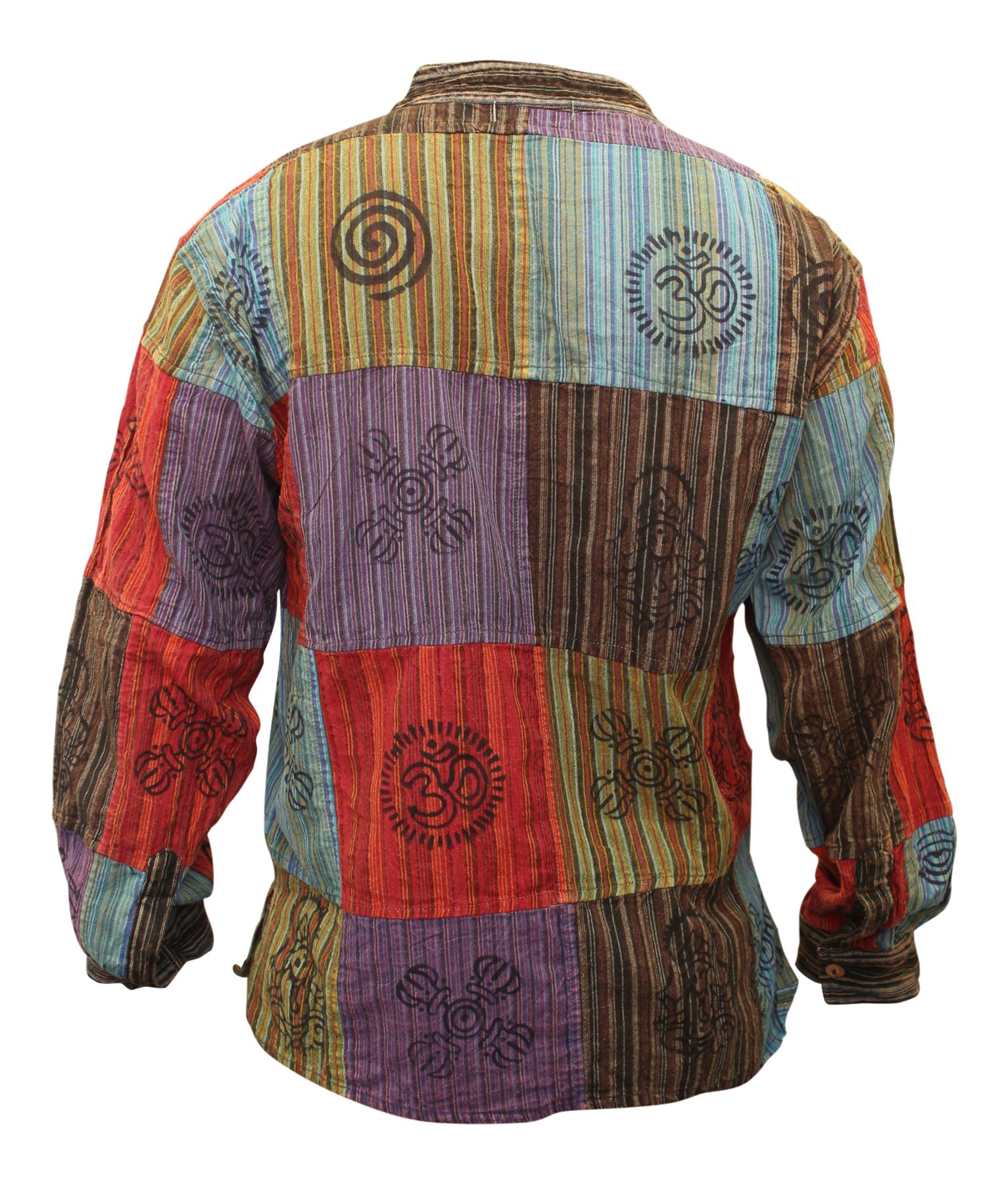 Mens Patchwork Stonewashed Hippie Collarless Grandad Shirt Summer Mens Hippy Top
