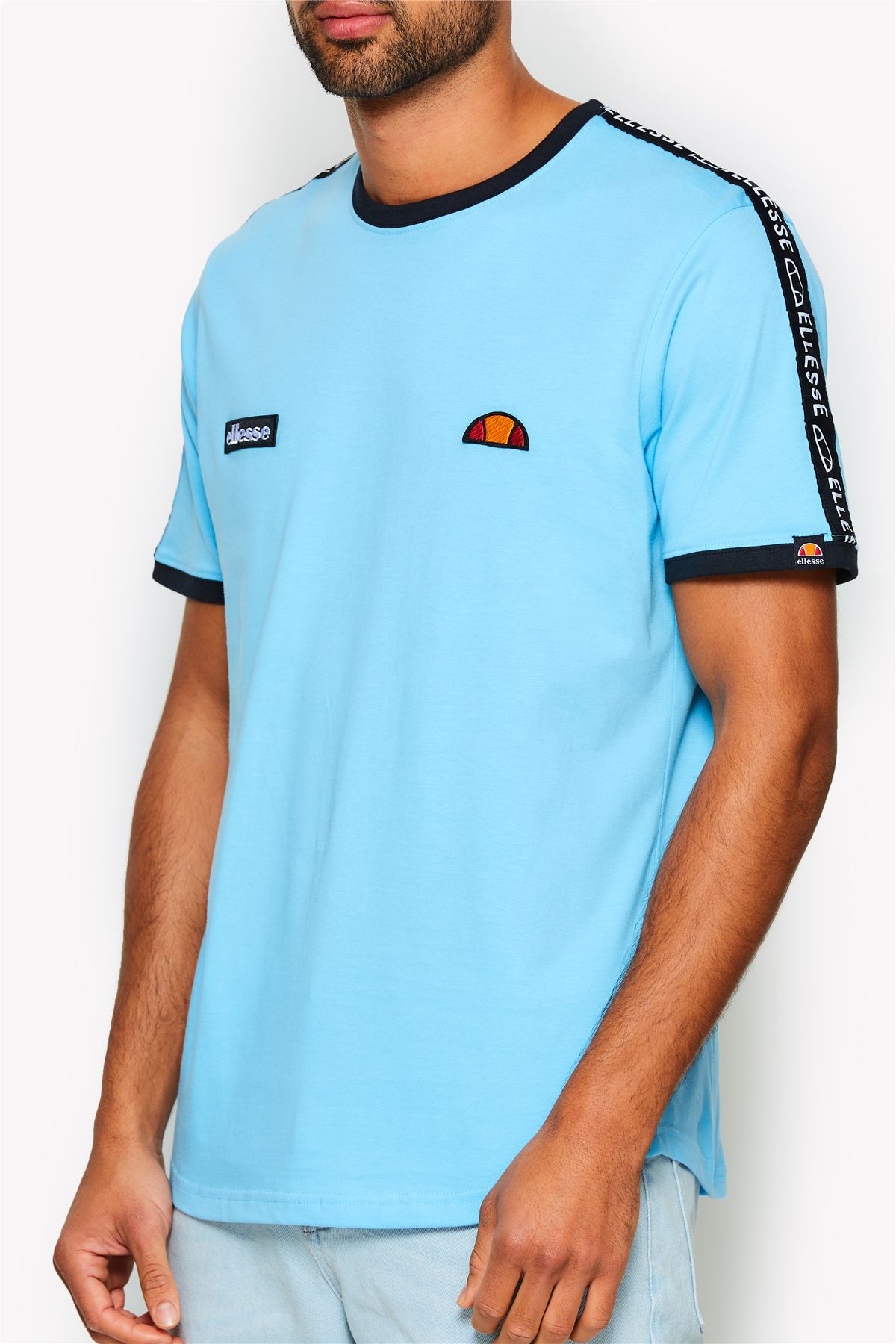 Pink /& White Ellesse Fede Cotton Crew Neck Taped Shoulder Retro T-Shirt Blue