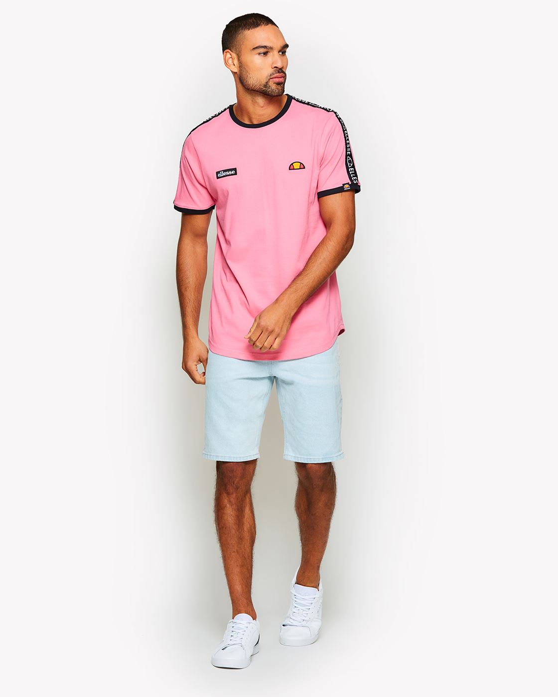 Pink /& White Ellesse Fede Cotton Crew Neck Taped Shoulder Retro T-Shirt Blue