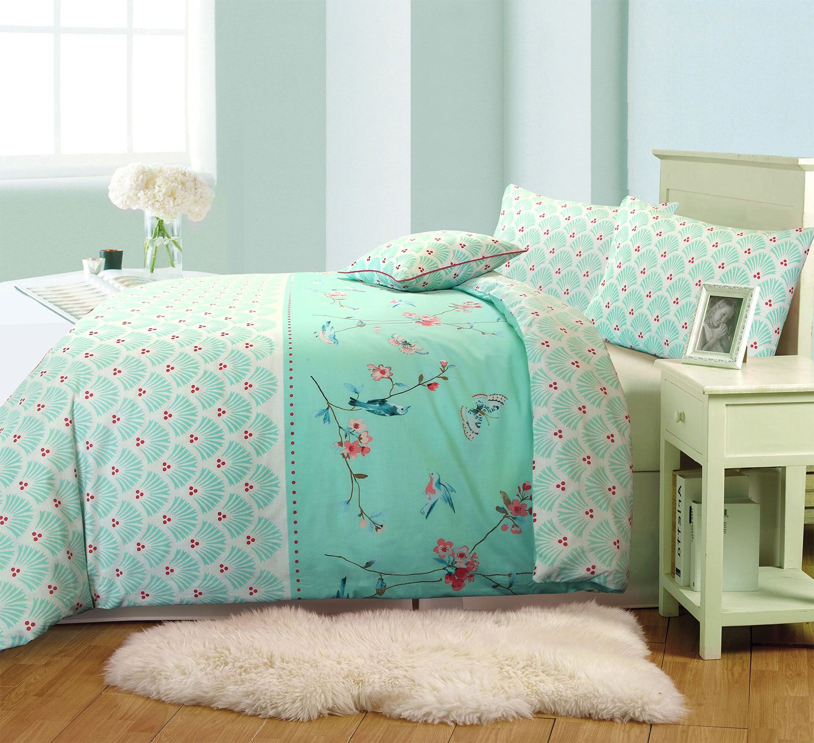 Sophie Birds Floral 100/% Cotton Reversible Mint Duvet Cover /& Pillowcase Set