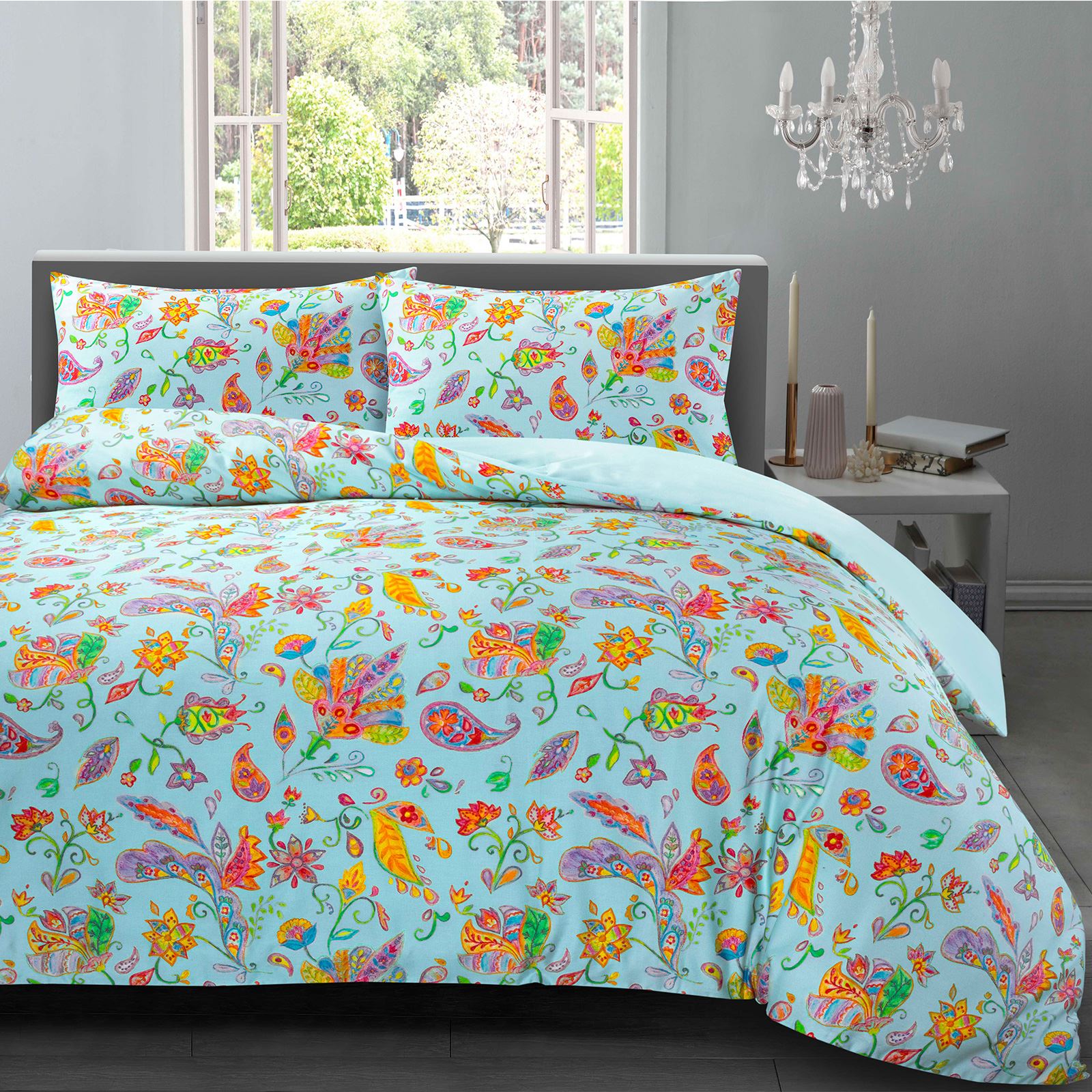 Gemma Hotel Quality Watercolour Paisley 100/%Cotton Sateen Quilt Duvet Cover Set