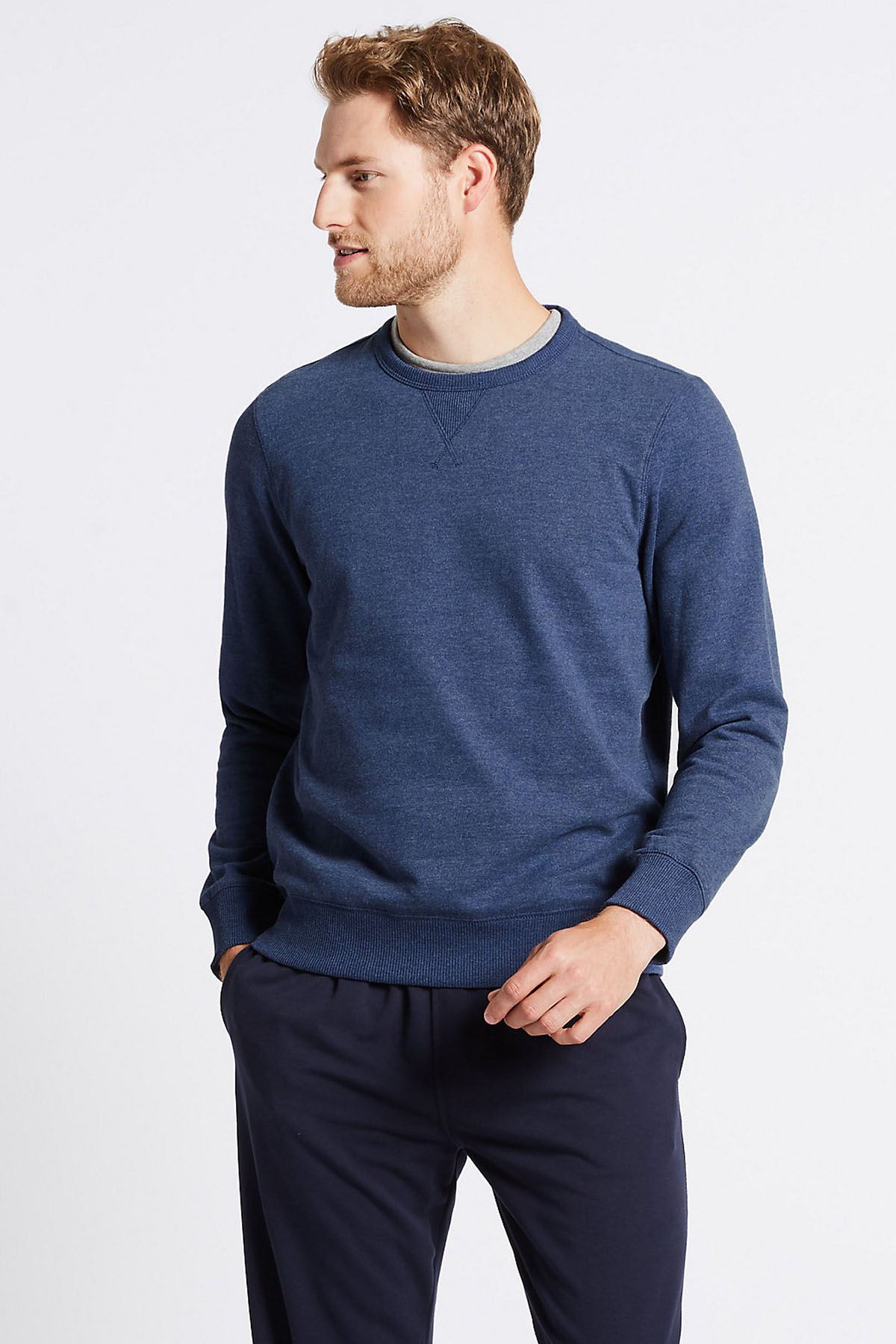 M/&S Mens Crew Neck Cotton Blend Sweatshirt In Plum Grey or BlueSALEWas £20