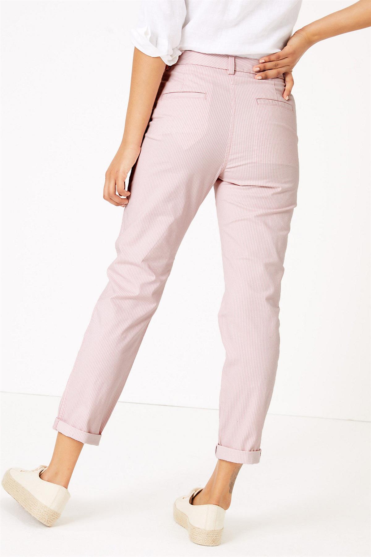 MARKS AND SPENCER Ladies Cotton Striped Chinos Pale Pink Blue White M/&S Trousers