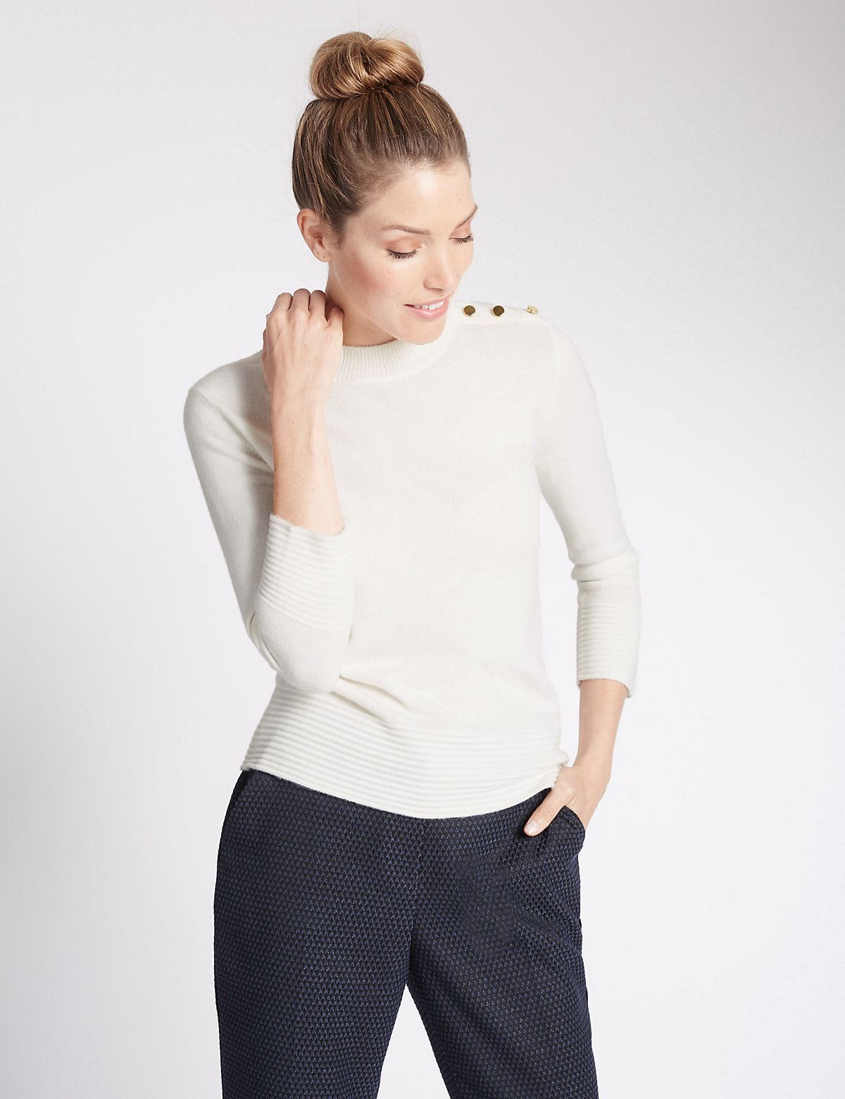 EX M/&s Marks Spencer una Tartaruga Collo Per Maglione Bottoni sulla spalla