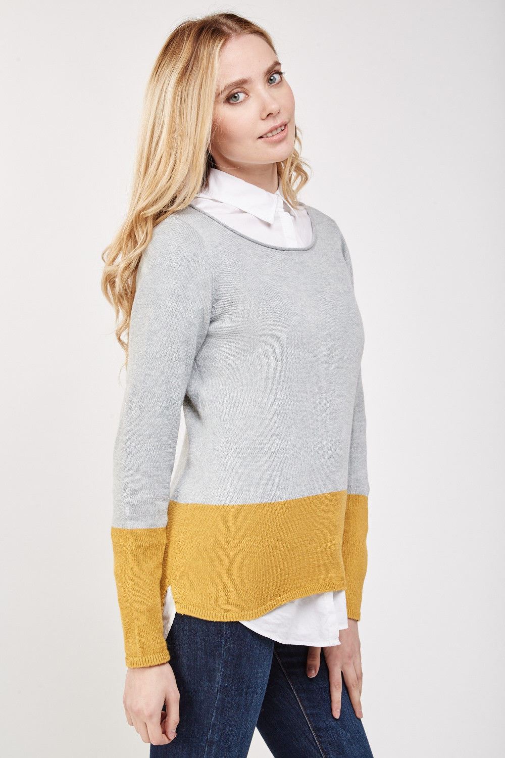 Colore da donna NAVY OLD Blocco Jumper Pullover Maglione Top in Navy Grigio Arancio