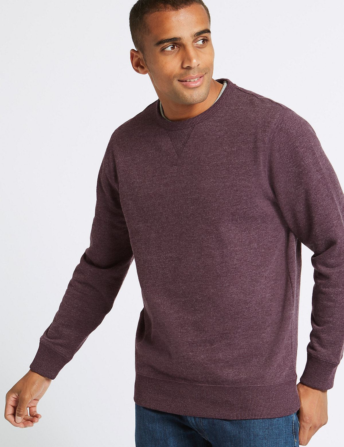 M/&S Mens Crew Neck Cotton Blend Sweatshirt In Plum Grey or BlueSALEWas £20