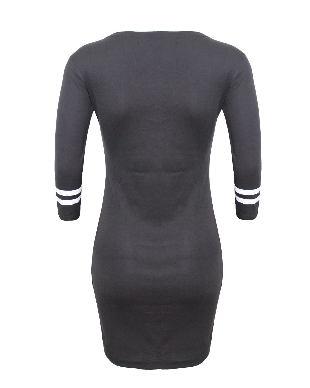 Ladies Women Nyork Motif Zip Stretchable Stripe Tunic Short Black Dress Top 8-14