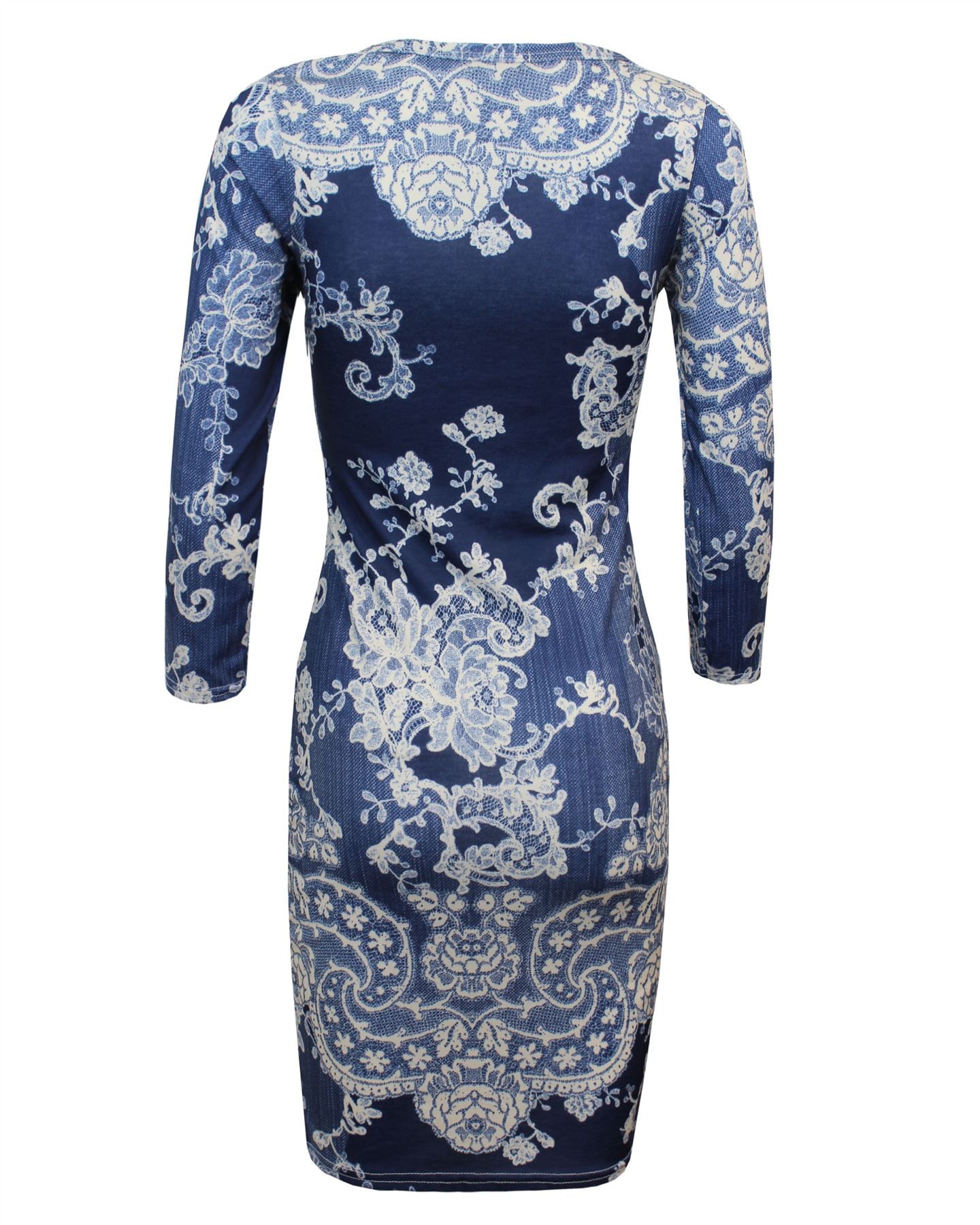 UK 8 10 12 14 Ladies Women Printed Floral ¾ Sleeve Bodycon Midi Party Dress Top