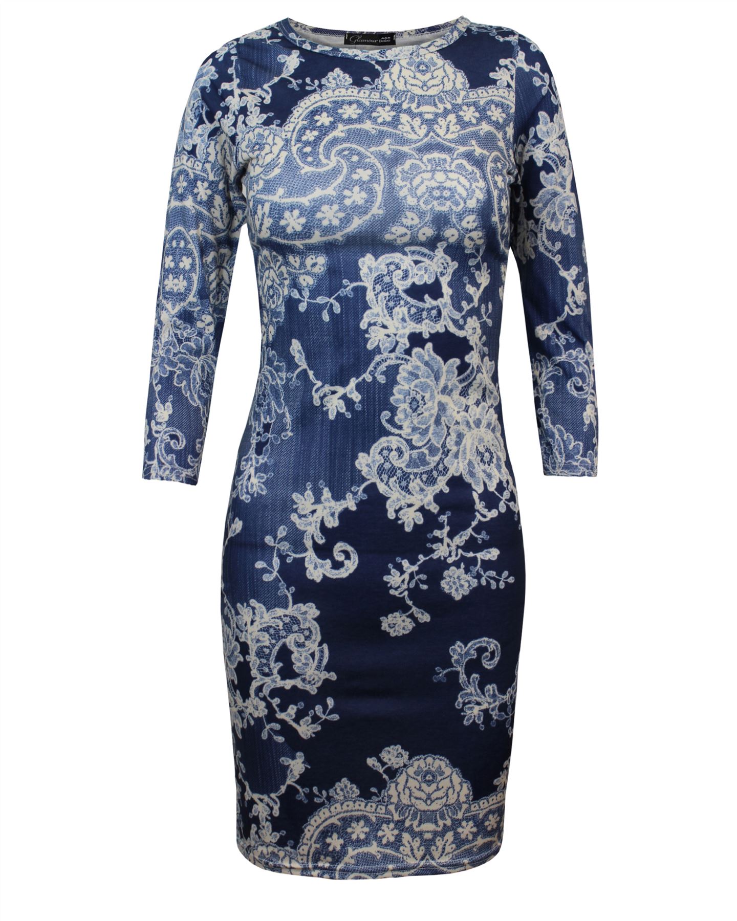 UK 8 10 12 14 Ladies Women Printed Floral ¾ Sleeve Bodycon Midi Party Dress Top