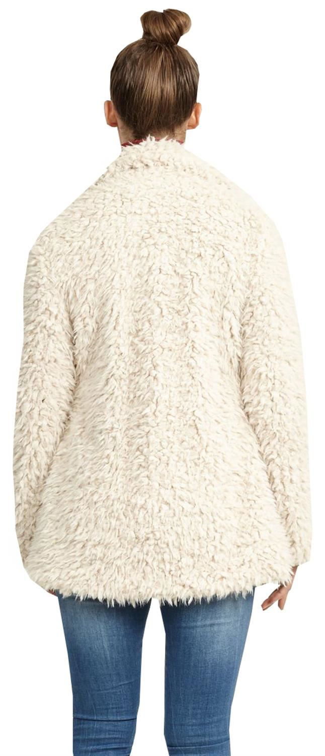 Ladies Long Shaggy Soft Fluffy Faux Fur Popper Fastening Jacket Coat 8-22