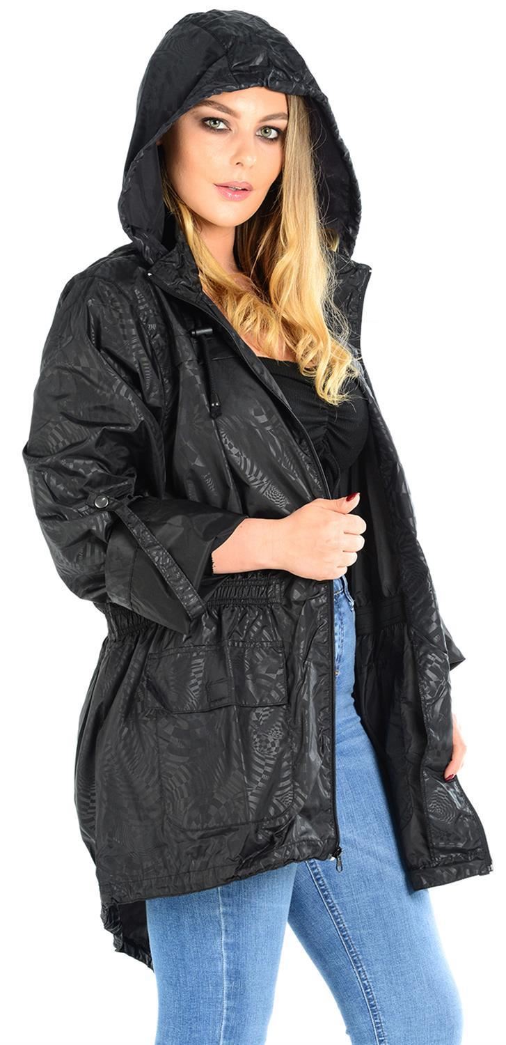 Ladies Plain Printed Showerproof Mac Parka Hooded Fishtail Raincoats Jackets