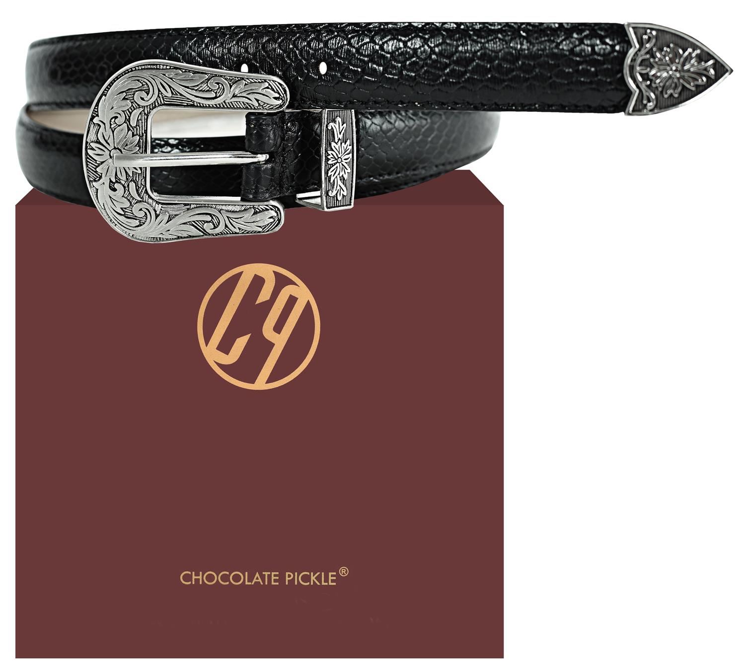 New Ladies Snake Skin Textured Stitched Leather Tapered Edge Floral Buckle Belts
