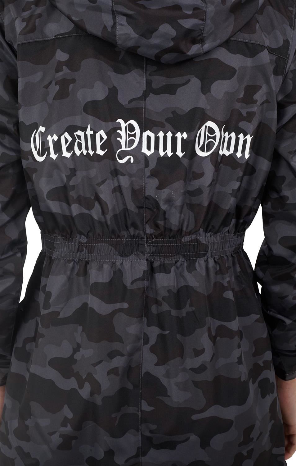 Womens Back Slogan Design Camo Print Hooded Raincoat Showerproof Jacket 8-16