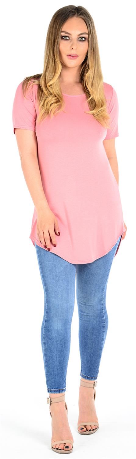 New Womens Back Open Curved Hem Short Sleeve Tunic Tops 8-22