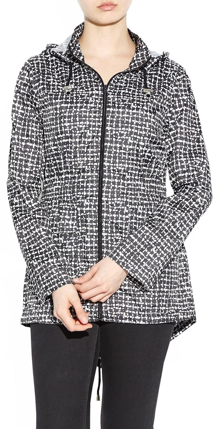 Womens Black /& White Abstract Print Zip Mac Jacket Shower proof Hooded Raincoat
