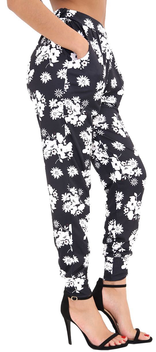 Ladies 2 Pocket Full Length Elasticated Waist Floral Print Trousers Pants 8-26
