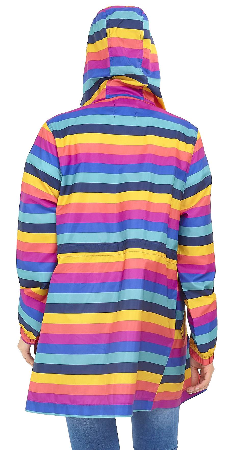 Womens Rainbow Stripe Print Fishtail Festival Hooded Mac Raincoat Jacket