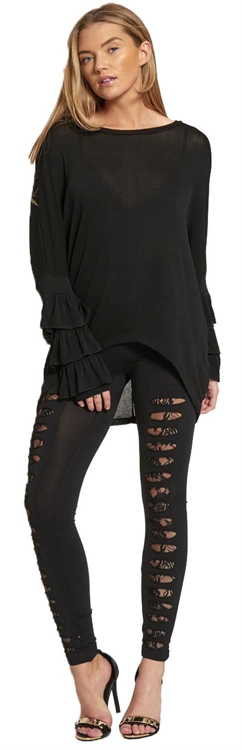 Da Donna Increspato Strappato Mesh Croce occhielli Look Leggings Elastico Pantaloni 8-14