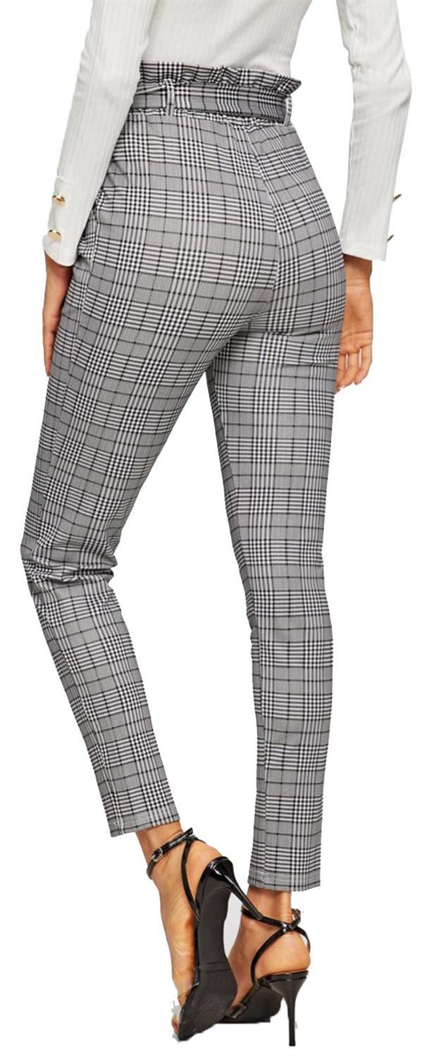 Ladies Hounds Tooth Tartan Scacchi Sacchetto di carta Ruffle frill Pantaloni Con Cintura
