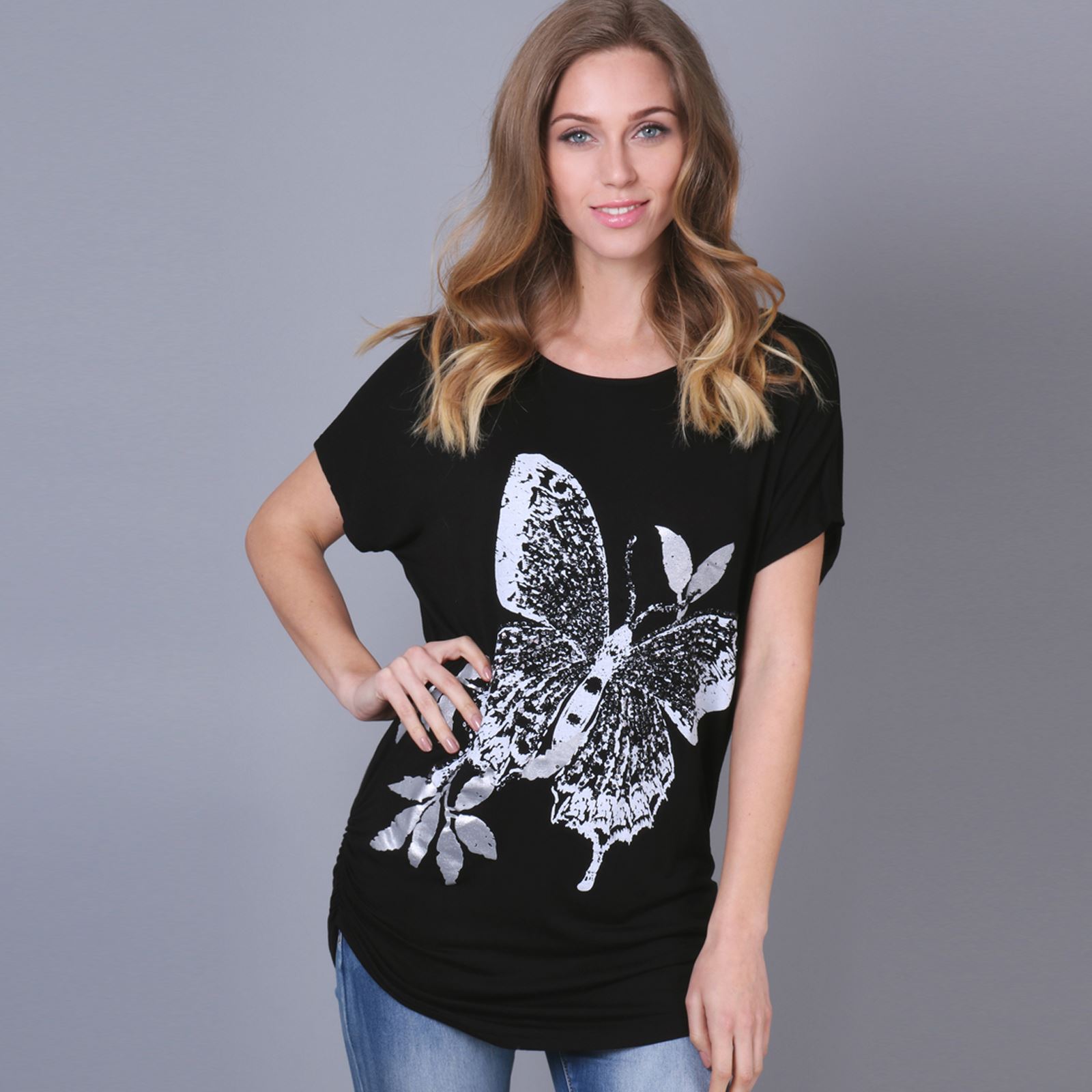 Damen T Shirt Longtop Oversize Schmetterling Pailletten Glitzer Fledermaus Top