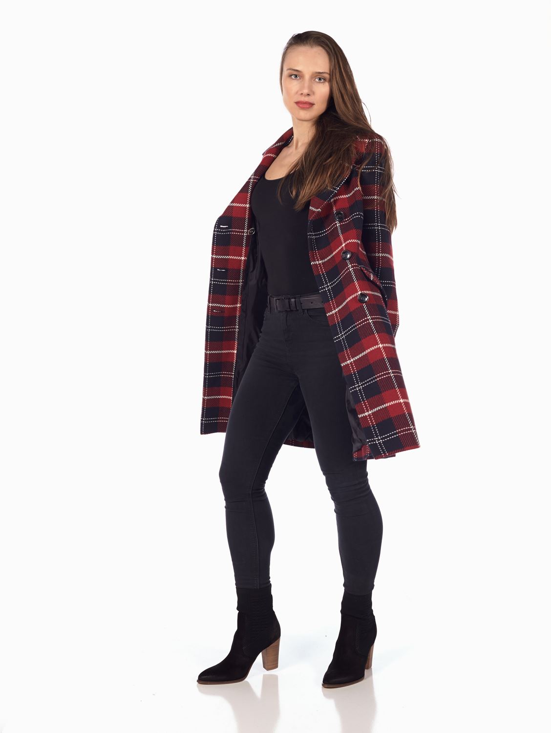 De La Creme Women/'s Tartan Check Double Breasted Coat
