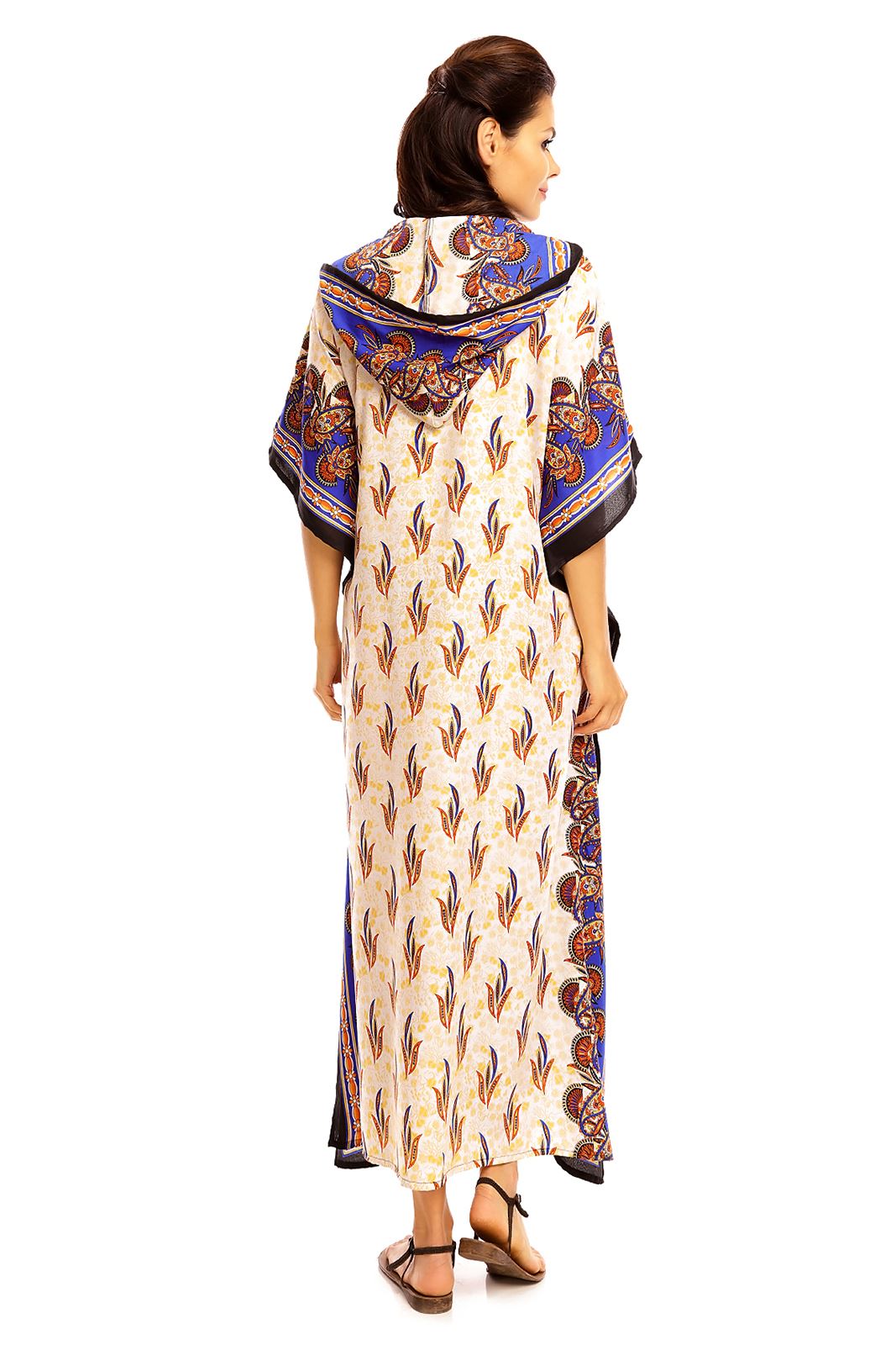 Ladies Full Length Oversized Maxi Kimono Hooded Tribal Kaftan Gown Dress